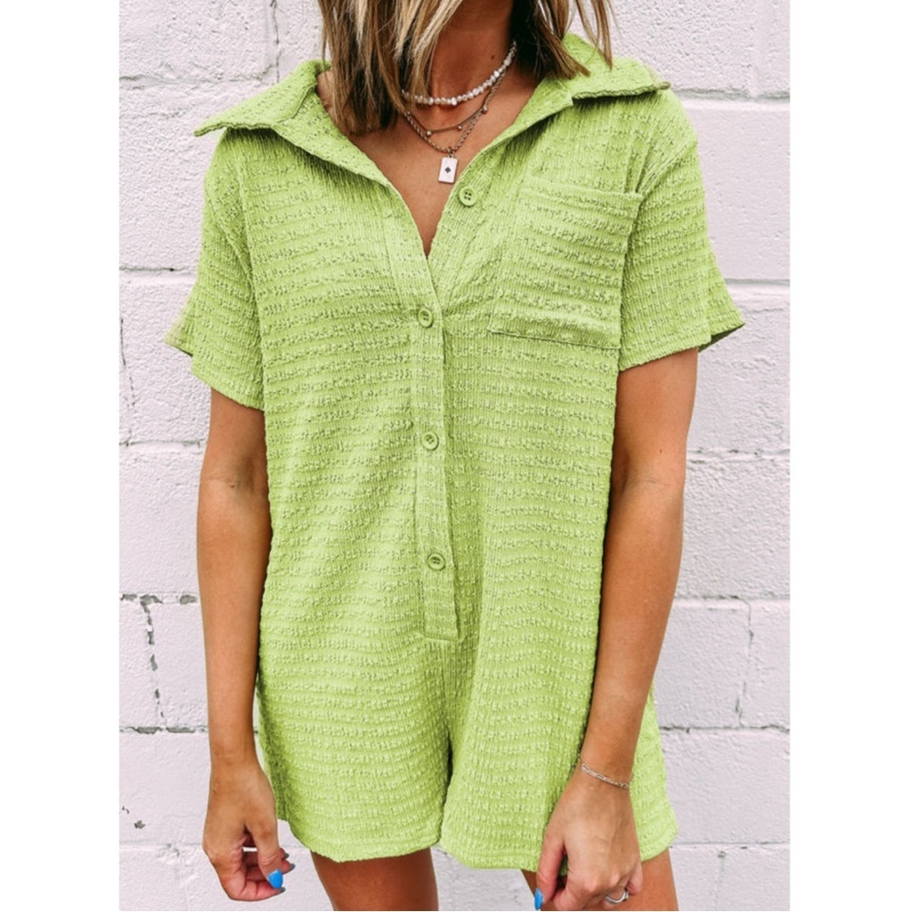 Green Textured Button-Up Romper